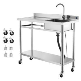 Stainless Steel Utility Sink, Rolling Single Bowl Commercial Kitchen Sink with Wheels, Faucet and Hot & Cold Water Pipe