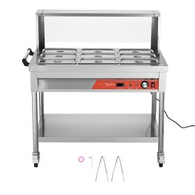 9-Pan Commercial Food Warmer, 9 x 1/3 Pans Electric Steam Table, 1500W Professional Buffet Catering Food Warmer with Shield Undershelf Wheels